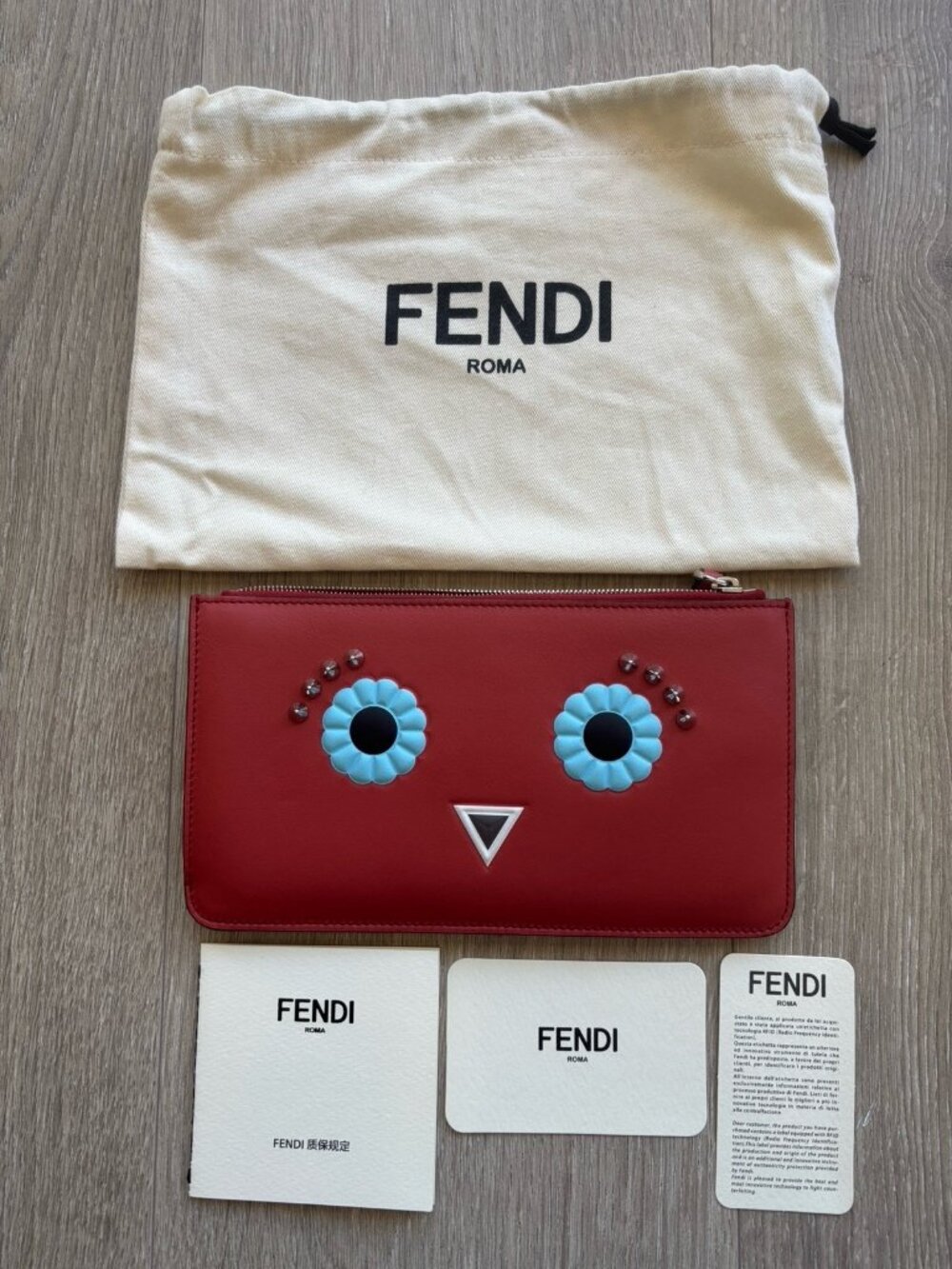 Authentic FENDI Bugs Monster Leather Zip Coin Wallet Red Face Bird Clutch